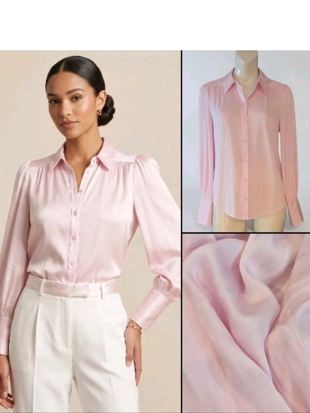 Trina Turk Puff Long Sleeve Silk Blend Baby Pink Button-Down Shirt Blouse! S